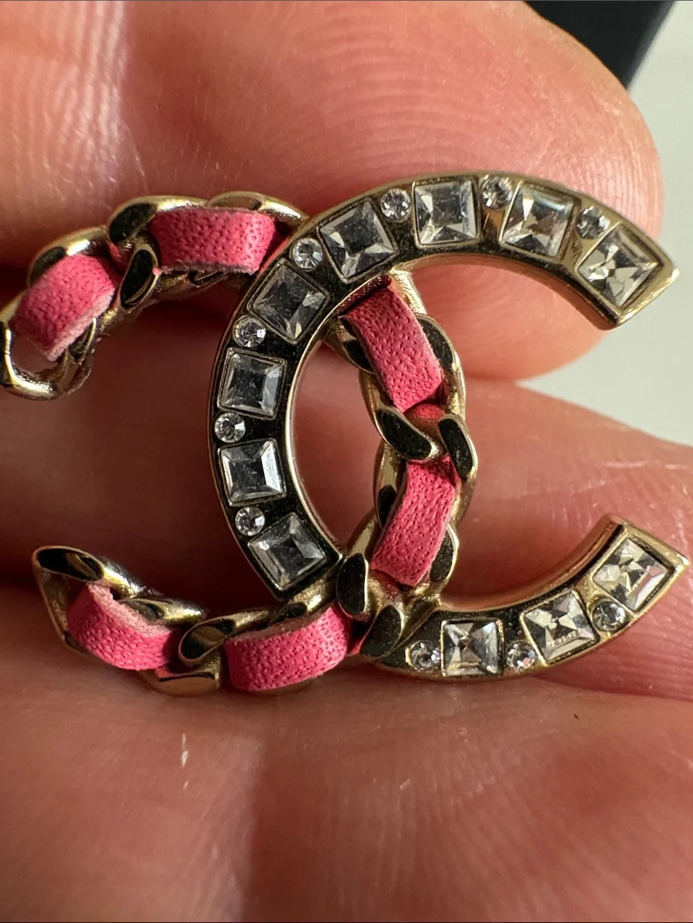 CHANEL Pink and Gold Crystal Interlocking CC Pierced Earrings